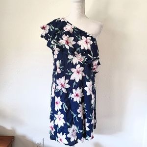 Lulu's Undiscovered Island Navy Blue Floral Print One-Shoulder Dress XL